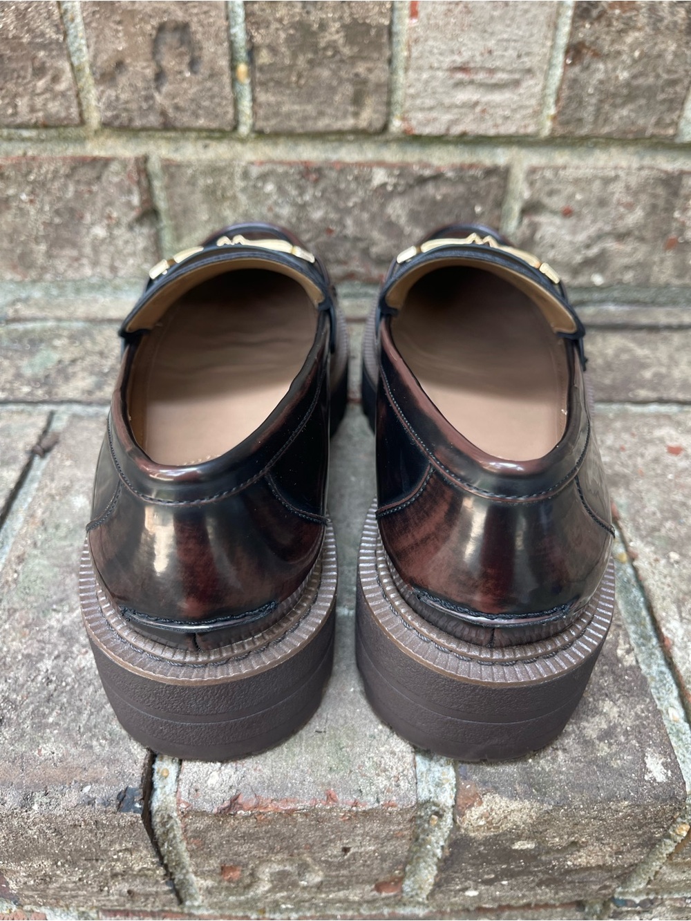Sam Edelman Brown Lug Sole Horsebit Loafers Glossy Platform Shoes Women’s 8.5 - Picture 14 of 16